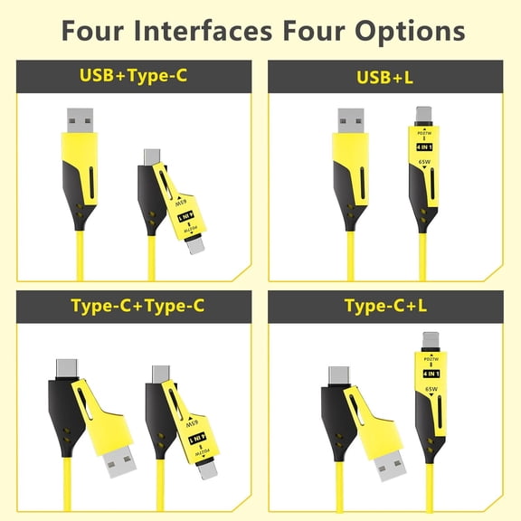 TRHOO-4 in 1 Spring Charging Cable - 65W USB to USB C Cable Suitable for Smart Phones,Laptops,etc,Compatible with Car Charger, Liquid Silicone Coiled Design,Yellow