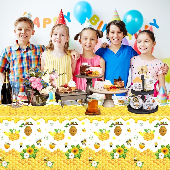 TRHOO-4 Pack Bee Tablecloth Happy Bee Day Tablecloths Rectangle Honey Bees Bumble Table Cover Bee Theme Party Tablecloth for Bee Baby Shower Bee Birthday Party Decorations 51 x 86 Inch