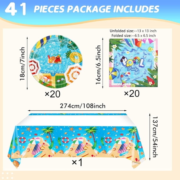 TRHOO-41Pcs Pool Birthdy Party Tableware set, Summer Beach Theme Party Supplies,Paper Plates,Napkins,Tablecloth for Kids Birthday, Pool,Beach,Summer Party Dessert Dinnerwares