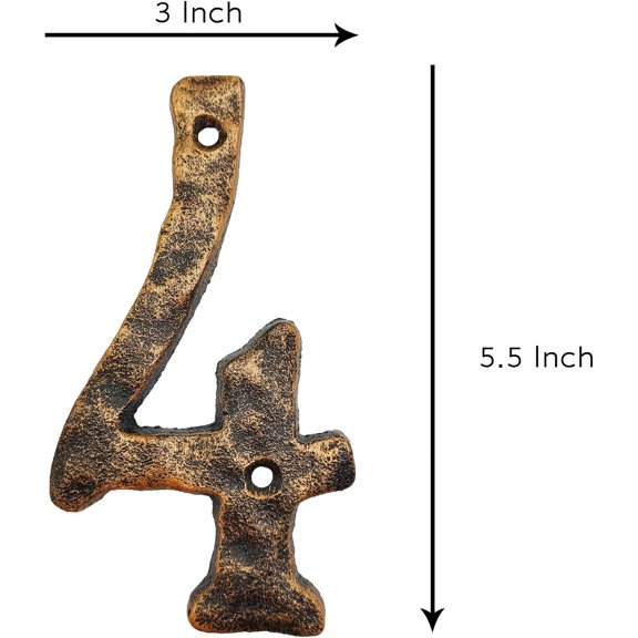 TRHOO-5.5 Inch House Address Numbers- Solid Cast Iron Metal Door Gate Number- Unique Hammer Appearance with Individual Irregular Handcraft Antique Brass Finish-Number 4