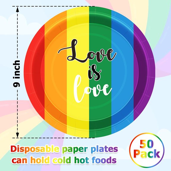 TRHOO-50 COUNT LGBT Paper Plates, 9 Inches Round Party Plates, Colorful Stripes Pride Decorations, Disposable Plates for LGBT Gay Lesbian Pride Month Pride Party Supplies Party Favors Love is Love