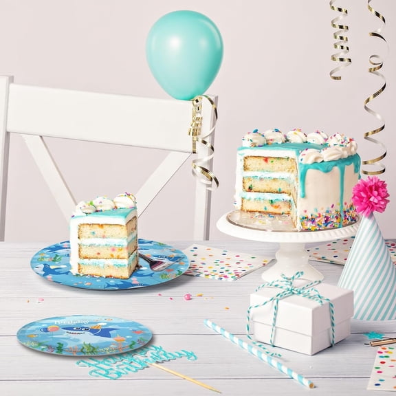 TRHOO-50Pcs Birthday Paper Plates Sets - Happy Birthday Lettering & Blue Shark Design Disposable Party Plates Decorative Tableware Supplies Table Decor Baby Shower for Boys Girls - 7 Inch & 9 Inch