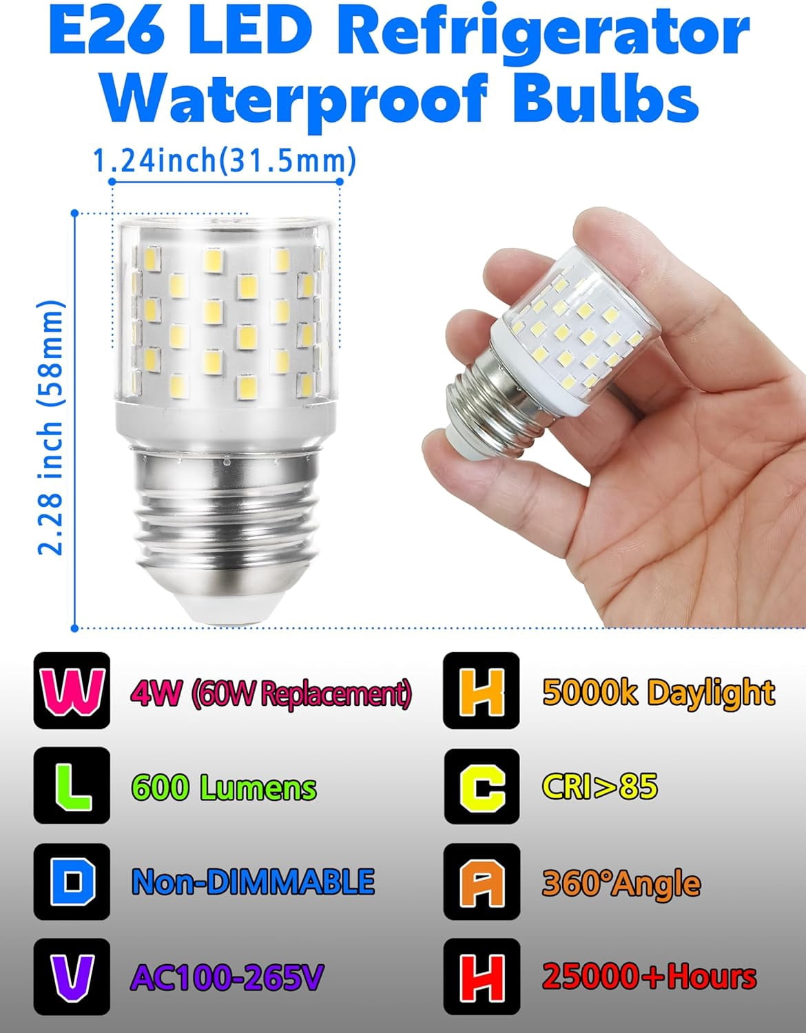 TRHOO-5304511738 E26 LED Refrigerator Light Bulb AC100-265V 4W 600LM ...