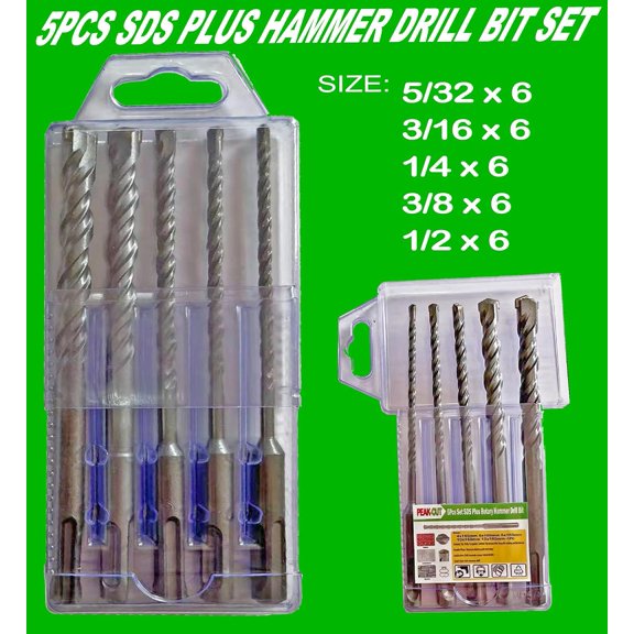 TRHOO-5Pcs SDS Plus Rotary Hammer Drill Bit Set - Carbide Tips for Concrete, Masonry, Bricks, Rock & Stone