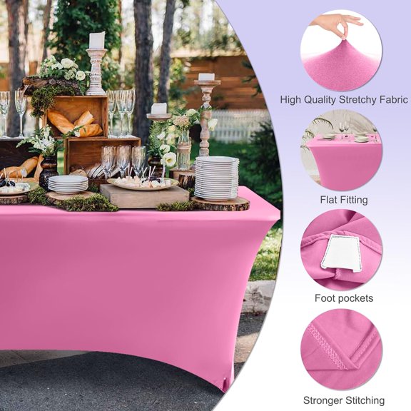 TRHOO-6 FT Spandex Table Cover Stretch Fitted Wrinkle Resistant Tablecloth Reuse for Rectangular Folding Table Patry Event Wedding Banquet Table Protector Pink