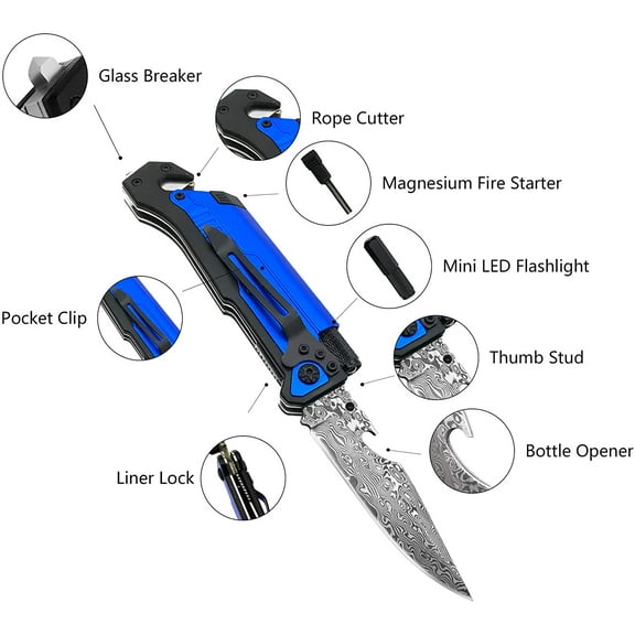 TRHOO-6-in-1 Modern Damascus Steel Folding Pocket Knives with LED Light,Seatbelt Cutter,Glass Breaker,Magnesium Fire Starter,Bottle Opener;Multi-Function Emergency Tool(Blue-da)