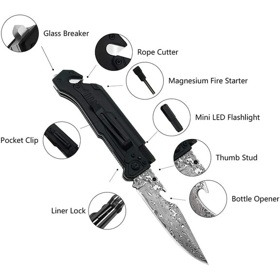 TRHOO-6-in-1 Modern Damascus Steel Folding Pocket Knives with LED Light,Seatbelt Cutter,Glass Breaker,Magnesium Fire Starter,Bottle Opener;Multi-Function Emergency Tool(Black-DA)
