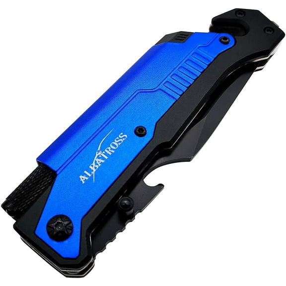 TRHOO-6-in-1 Survival Tactical Military Folding Pocket Knives with LED Light,Seatbelt Cutter,Glass Breaker,Magnesium Fire Starter,Bottle Opener;Multi-Function Emergency Tool(Blue)