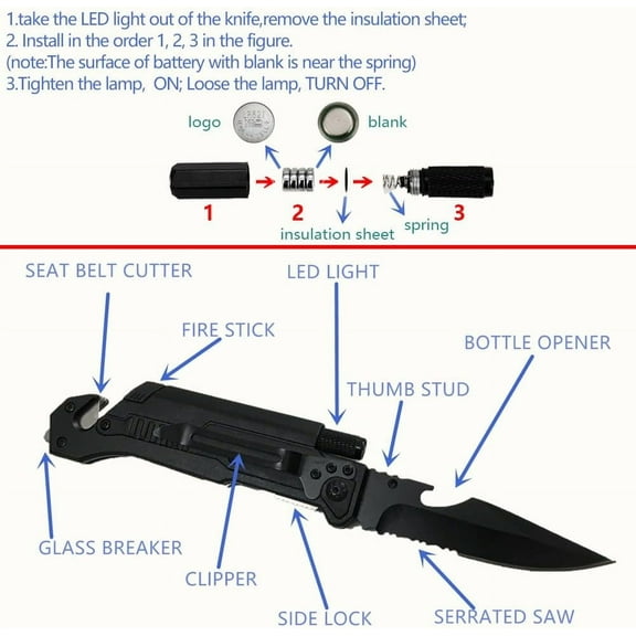 TRHOO-6-in-1 Survival Tactical Military Folding Pocket Knives with LED Light,Seatbelt Cutter,Glass Breaker,Magnesium Fire Starter,Bottle Opener;Multi-Function Emergency Tool(Black)