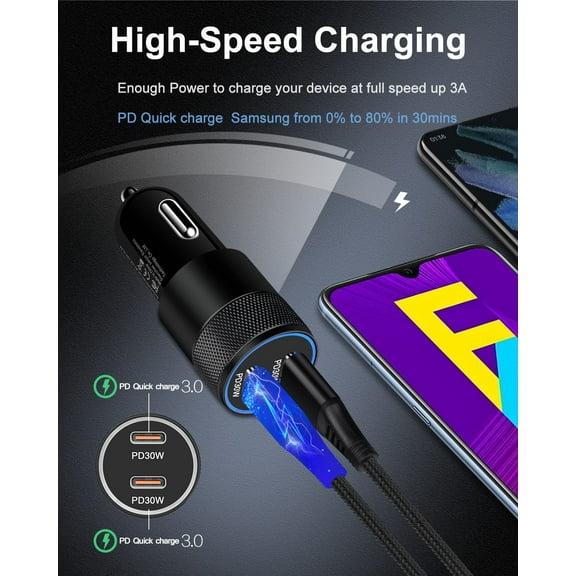 TRHOO-60w Super Fast USB C Car Charger for iPhone 16 15 Pro Max, 2 Car Lighter Adapter Pd C to C Cable Quick Charging Type C Cords Dual Port Usbc Cigarette Cargador Auto for Samsung S24 Ultra S23+ S2