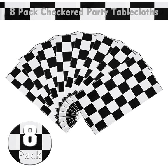 TRHOO-8 Packs Black Gingham Tablecloths 54 x 108 Inches White and Black Checkered Flag Table Cloth Disposable Party Picnic Tablecovers Splashproof Plastic Race Track Table Cloths for Camping Party