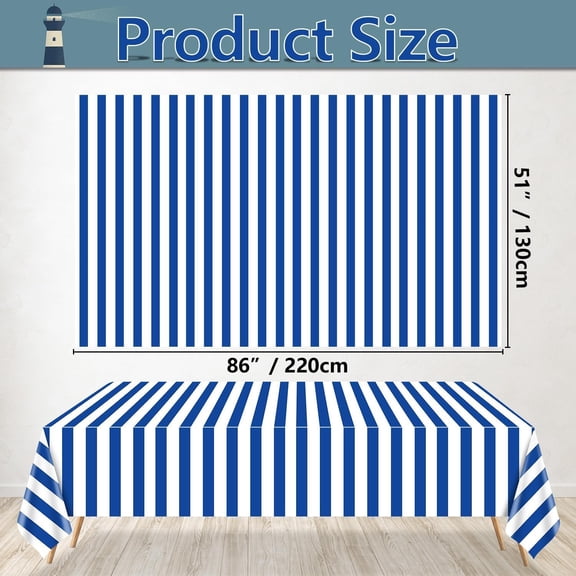 TRHOO-8 Pcs Navy Blue and White Striped Tablecloths Nautical Tableccover Blue Stripes Plastic Table Decorations for Nautical Ocean Theme Party, Boy's 1st Birthday, 51 x 86 in