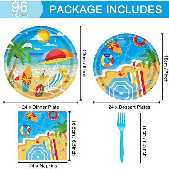 TRHOO-96 Pcs Beach Birthday Party Plates Napkins Forks Supplies Tableware Set Disposable Paper Beach Theme Decoration for Kids Birthday, Serves 24 Guests