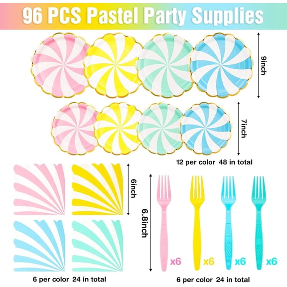 TRHOO-96 Pcs Pastel Paper Plates, Gold Foil Scalloped Edge, 4 Colors Pastel Party Supplies for Easter Birthday