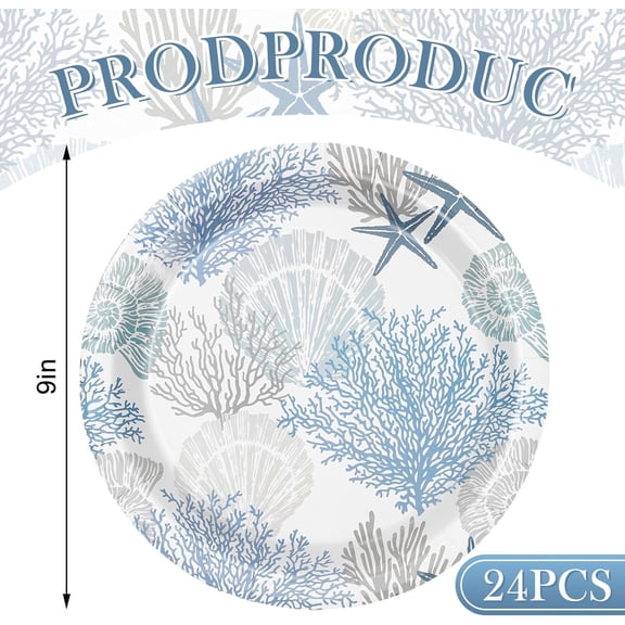 TRHOO-AnyDesign 24Pcs Ocean Paper Plates 9 Inch Blue Coral Seashell Disposable Plates Beach Sea Theme Decorative Dinner Plates for Birthday Baby Shower Wedding Party Tableware Supplies Table Decor