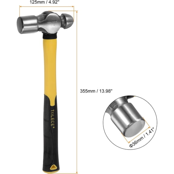 TRHOO-Ball Pein Hammer 32oz 14" Length Double Head Solid Steel Round Hammers Metalworking Tool with Non-Slip Handle for Auto Repairing Woodworking Crafting