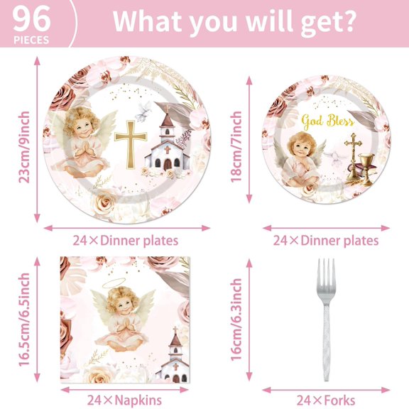 TRHOO-Baptism Plates and Napkins Party Supplies - 96Pcs Gilrs God Bless Party Decorations First Holy Communion Paper Disposable Tableware Set for Christening Celebration Baby Shower Serve 24 Guests