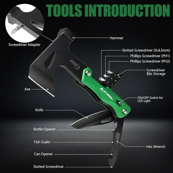 TRHOO-Camping Axe Hammer 14-in-1 Multitool, Hatchet Multi Tool Stainless Steel with LED Light, EDC Hiking Survival Multi Function Tool Pocket Knife with Sheath