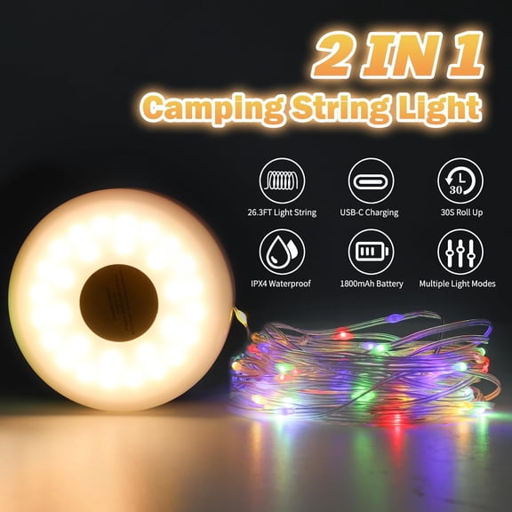 TRHOO-Camping String Lights, 2 in 1 Outdoor Rechargeable LED Fairy Lights With 5 Lighting Modes(26.3ft), Portable IPX4 Waterproof Tent Light for Outdoor Indoor Camping Party RV Decor (Multicolor Ligh