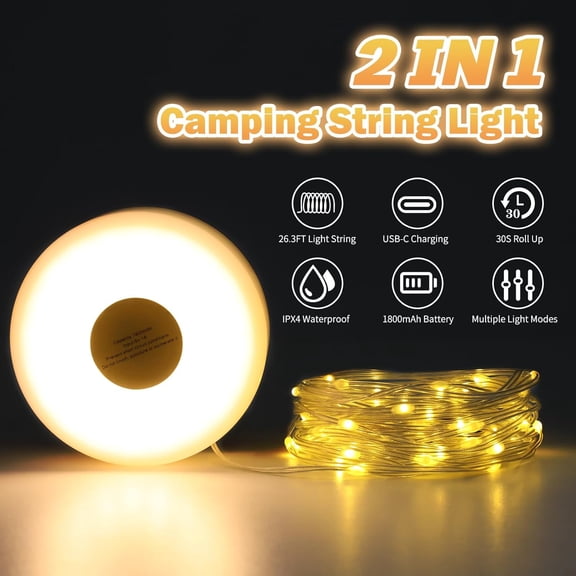 TRHOO-Camping String Lights, 2 in 1 Outdoor Rechargeable LED Lights with 5 Lighting Modes(26.3ft), Portable IPX4 Waterproof Tent Light for Outdoor Indoor Camping Party RV Decor (Warm Light)