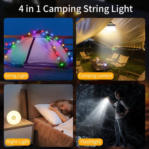 TRHOO-Camping String Lights 2 in 1 RGB & Warm String Lights 8 Lighting Modes Rechargeable String Lights Portable Camping Lights Camping Lantern Flashlight for Camping/Emergency/Outdoor/Indoor