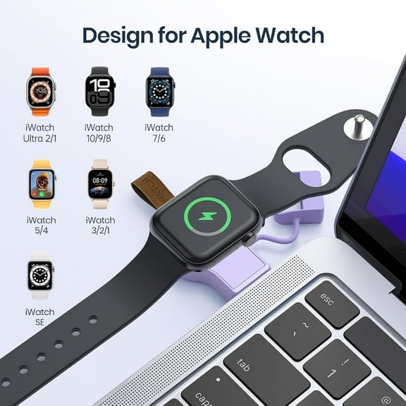 TRHOO-Charger for Apple Watch Portable iWatch USB Wireless Charger, Travel Cordless Charger with Light Weight Magnetic Quick Charge for Apple Watch Ultra2/1 Series 10 9 8 7 6 5 4 3 2 1 SE, Purple