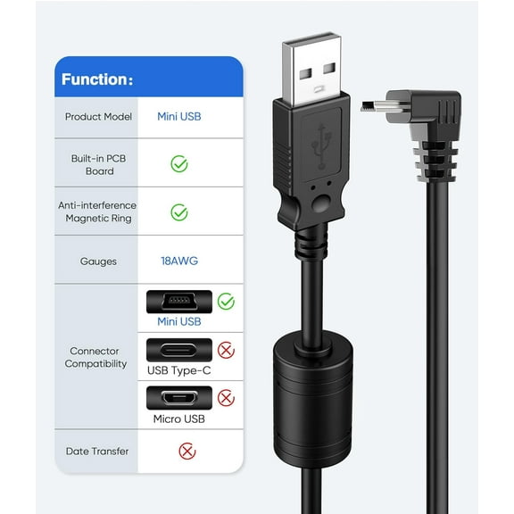 TRHOO-Charger Cable for Garmin GPS,(15Ft 18AWG)Thicker Shielded Mini USB Charging Cord for Garmin Nuvi,90 Degree GPS Replacement Power Adapter Wire for Garmin Drivesmart 65,Zumo XT,Dezl,Navigation