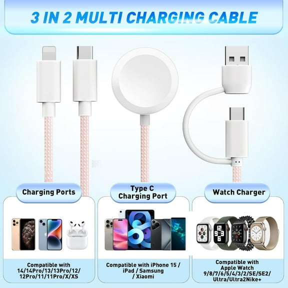 TRHOO- Charging USB C Watch Phone Charger 3 in 2 Cable, Compatible with Apple Watch Ultra SE Series 1-9, Universal Travel Multi Devices All in One Cord, 4FT/1.2M-P