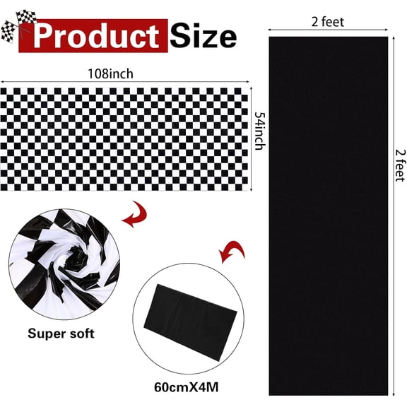 TRHOO-Checkered Car Party Supplies Disposable Tablecloth Plastic Table Cover Black and White Checkered Race Table Runner for Racing Birthday Party Decor Favor Supplies (Black,2 Pcs)
