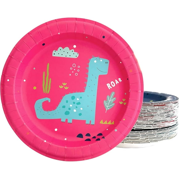 TRHOO-Dinosaur Paper Plates - 60-Count Small Disposable Colorful Cute Party Plates in 6 Assorted Theme Designs - Party Supplies for Birthday, Dessert, Themed Party - 8" x 8" (Dinosaur)