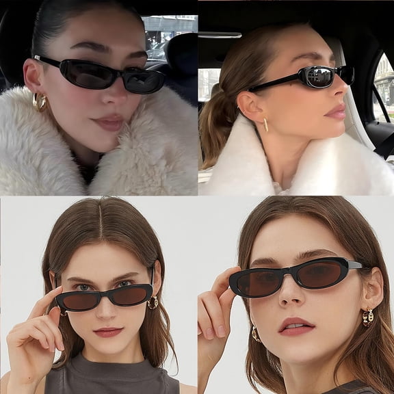 TRHOO-Elongated Narrow Cat Eye Sunglasses for Women Men 90s Sun Glasses Womens Small Oval Sunglasses Black Shades