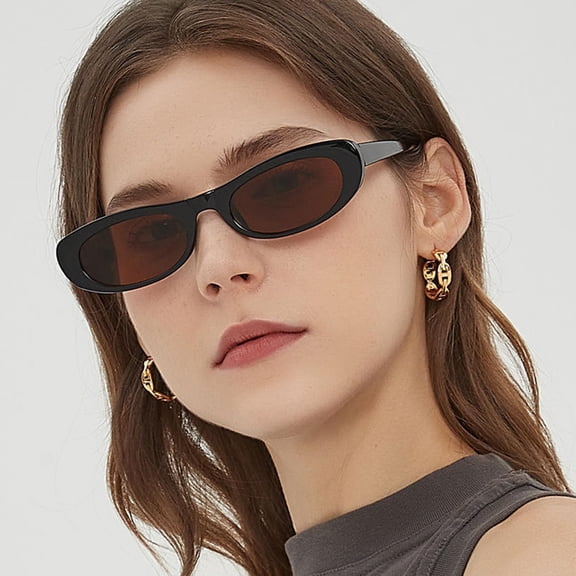 TRHOO-Elongated Narrow Cat Eye Sunglasses for Women Men 90s Sun Glasses Womens Small Oval Sunglasses Black Shades