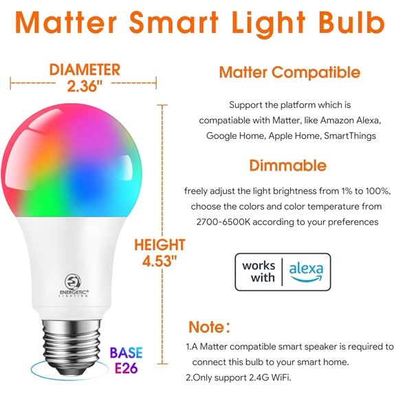 TRHOO-Energetic Light Bulbs Work with Alexa/Apple Home/Google Home/SmartThings, Matter Smart A19 LED Light Bulb, E26 RGB Smart Bulbs, 60W Equivalent, 800LM, 2.4 Ghz WiFi Only, Smart Speaker Required,