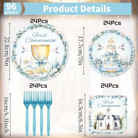 TRHOO-First Communion Plates and Napkins Decorations for Boys, 96PCS Blue God Bless Baptism Party Decoration Supplies, Christening First Holy Confirmation Tableware Set