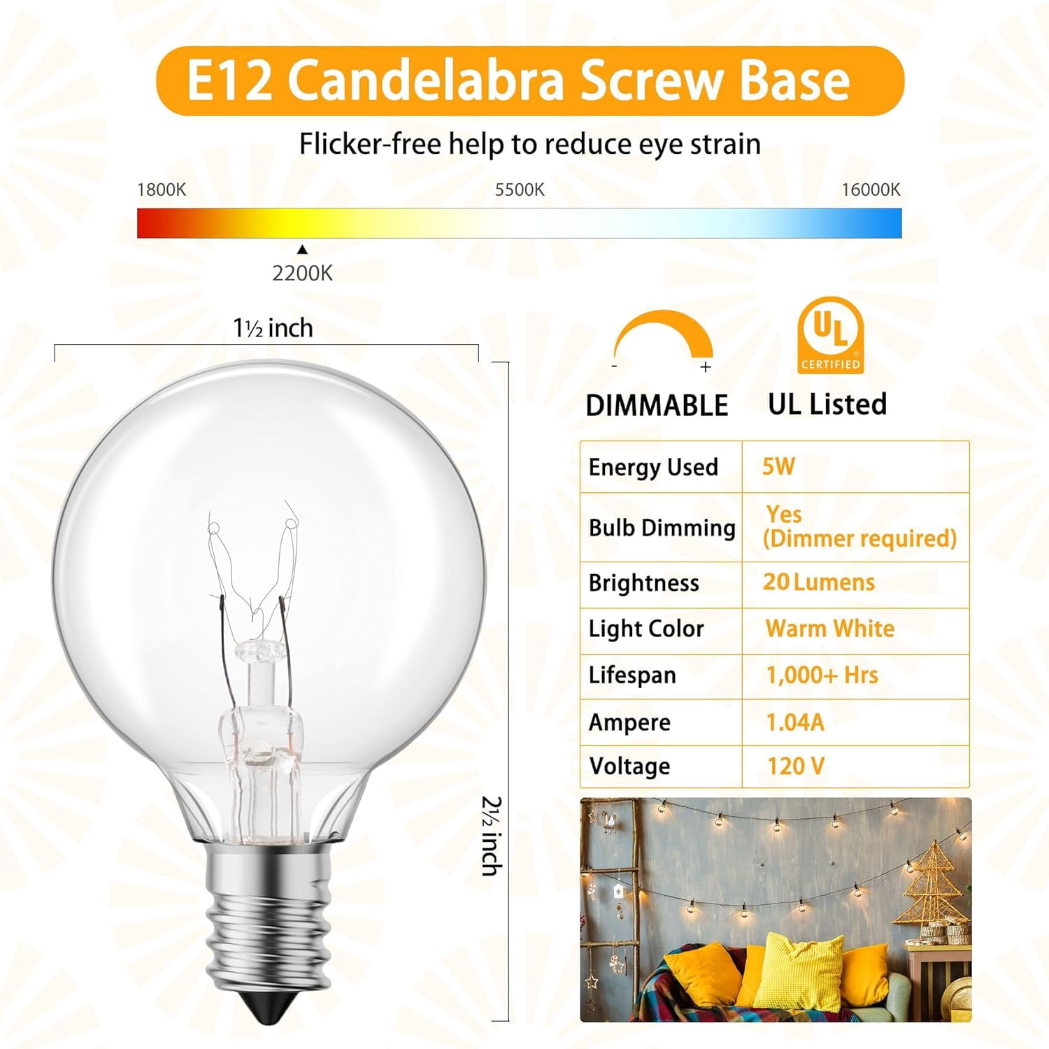 TRHOO-G40 Replacement Light Bulbs, 25 Pack 5W Clear Globe Bulb fits E12 ...