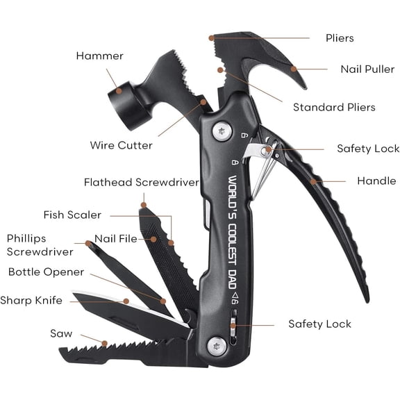 TRHOO-Gifts for Dad from Daughter Son Kids Wife Fathers Day,Birthday Gift Ideas for Men Him,Unique Personalized Dad Gifts,Hammer Multitool(WORLD'S COOLEST DAD)