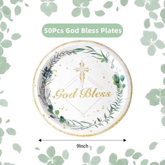 TRHOO-Green Baptism Plates First Communion Paper Plates Party Supplies God Bless Plates First Holy Communion Tableware Baptism Decorations for Girls Boys Baby Shower,Serves 50