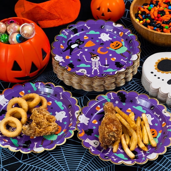 TRHOO-Halloween Paper Plates, 50-Count Disposable Halloween Dinner Plates, Scalloped, Party Supplies, Skeleton, Jack-O-Lantern, Ghosts, Cat, Purple