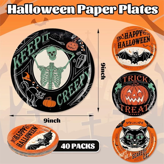 TRHOO-Halloween Paper Plates Vintage Orange Black Disposable Dinner Plates Black Cat Pumpkin Bat Skeleton 9 Inch Dinnerware Plate for Party Supplies Table Decor, 40Pcs