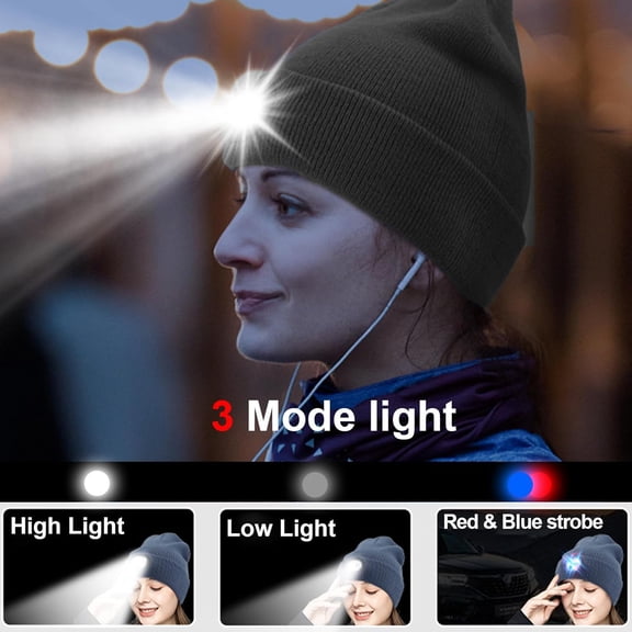 TRHOO-Headlamp Beanie Hat with Light,Unisex Rechargeable 5 Led headlamp Cap with Wireless Bluetooth Headphones