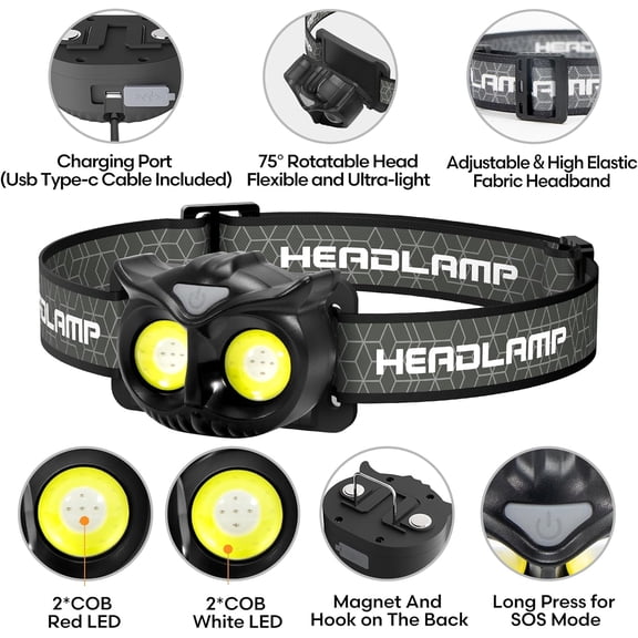 TRHOO-Headlamp Rechargeable,Ultra-Light Bright LED Kids Headlamp with Red Light, Head lamp for Adults and Kids with 5 Modes, Waterproof Forehead Flashlight for Camping Outdoor Hiking Running