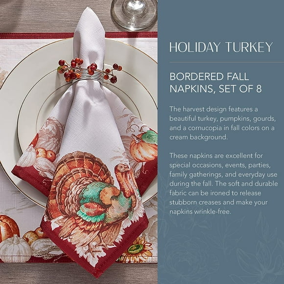 TRHOO-Holiday Turkey Bordered Fall Napkins, Seasonal Fall Cloth Napkins, 17" x 17", Set of 8