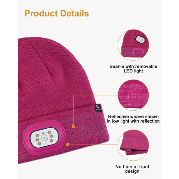 TRHOO-LED Beanie with Light, 3 Adjustable Modes Headlamp Beanie Hat, Removable Rechargeable USB with Night Strobing for Outdoor, Fushia Reflex Hat for Kids