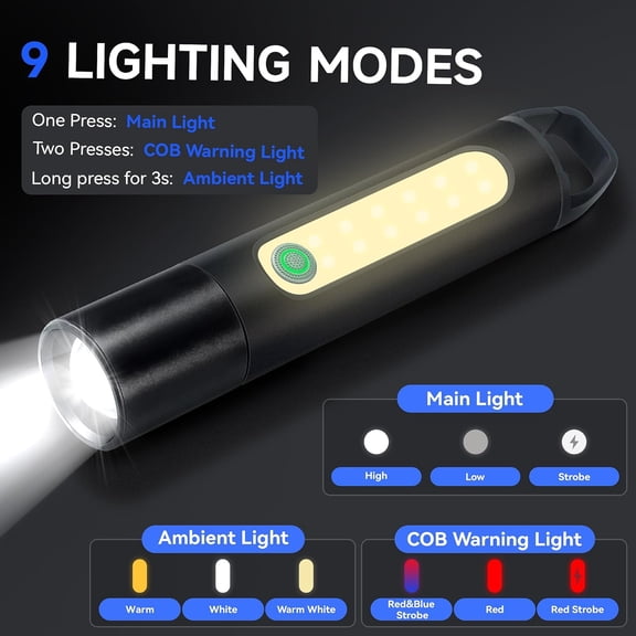 TRHOO-LED Rechargeable Flashlights High Lumens with COB Sidelight and Ignition 9 Modes Zoomable Bright Handheld Flash Light Ambient Light Electric Arc Portable Camping Flashlight with Spring Hook