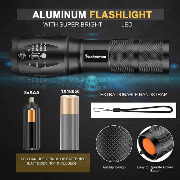 TRHOO-LED Tactical Flashlight Super Bright 2000 Lumen LED Flashlights Portable Outdoor Water Resistant Torch with 5 Light Modes1Pack