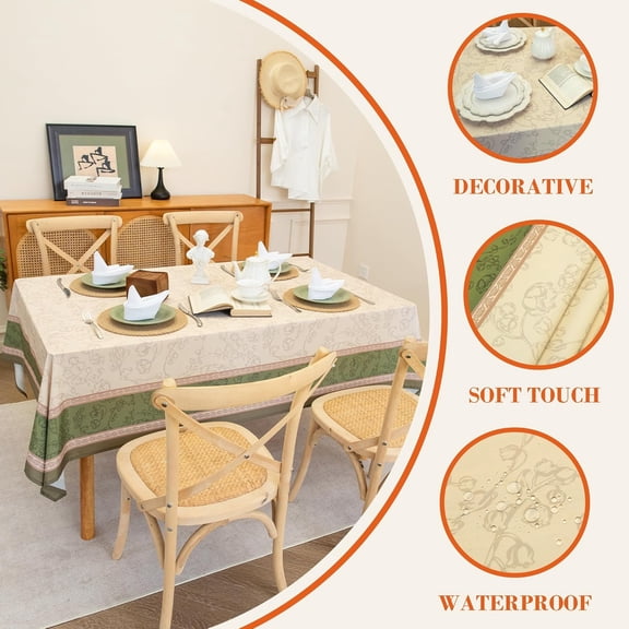 TRHOO-Lily of The Valley Design Tablecloth Waterproof- Floral Rectangular Holiday Table Cover Boho Rustic Style, Block Print French Tablecloth Perfect for Spring Atmosphere, W52 x L70