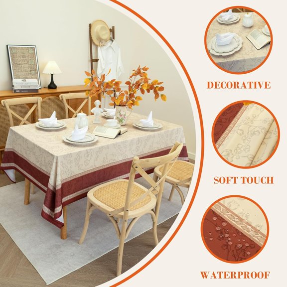 TRHOO-Lily of The Valley Design Tablecloth Waterproof- Floral Rectangular Holiday Table Cover Boho Rustic Style, Block Print French Tablecloth Perfect for Valentine's Day Atmosphere, W52 x L70