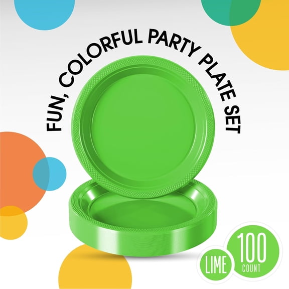 TRHOO-Lime Green Plastic Plates For Party 7" Lime Green Disposable Plates For Party Supplies 100 Pcs Disposable Dinner Plate Heavy Duty 350 GSM Plate Sets, Plastic Dinnerware Sets