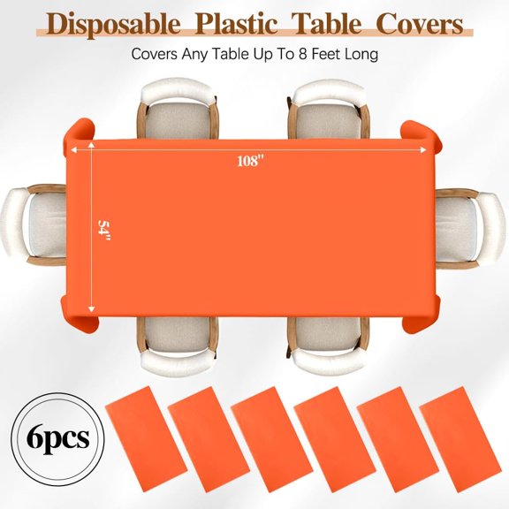 TRHOO-Orange Tablecloths Rectangular 54"x108" Premium 6 Pack Orange Plastic Tablecloth Fall Thanksgiving Tablecloth Long Table Cloth Rectangle Table Plastic Tablecloth Roll Orange Party Decorations