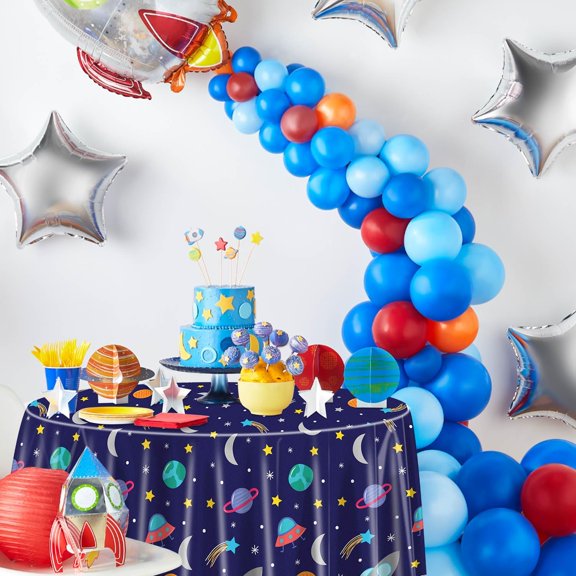 TRHOO-Outer Space Tablecloths, Round Space Table Covers, Plastic Disposable Planet Tablecover for Kids Space Theme Birthday Party Supplies, Baby Shower, 84 x 84 Inch (9)